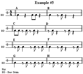 Example 5  - Straight Rock Kick Drum Patterns